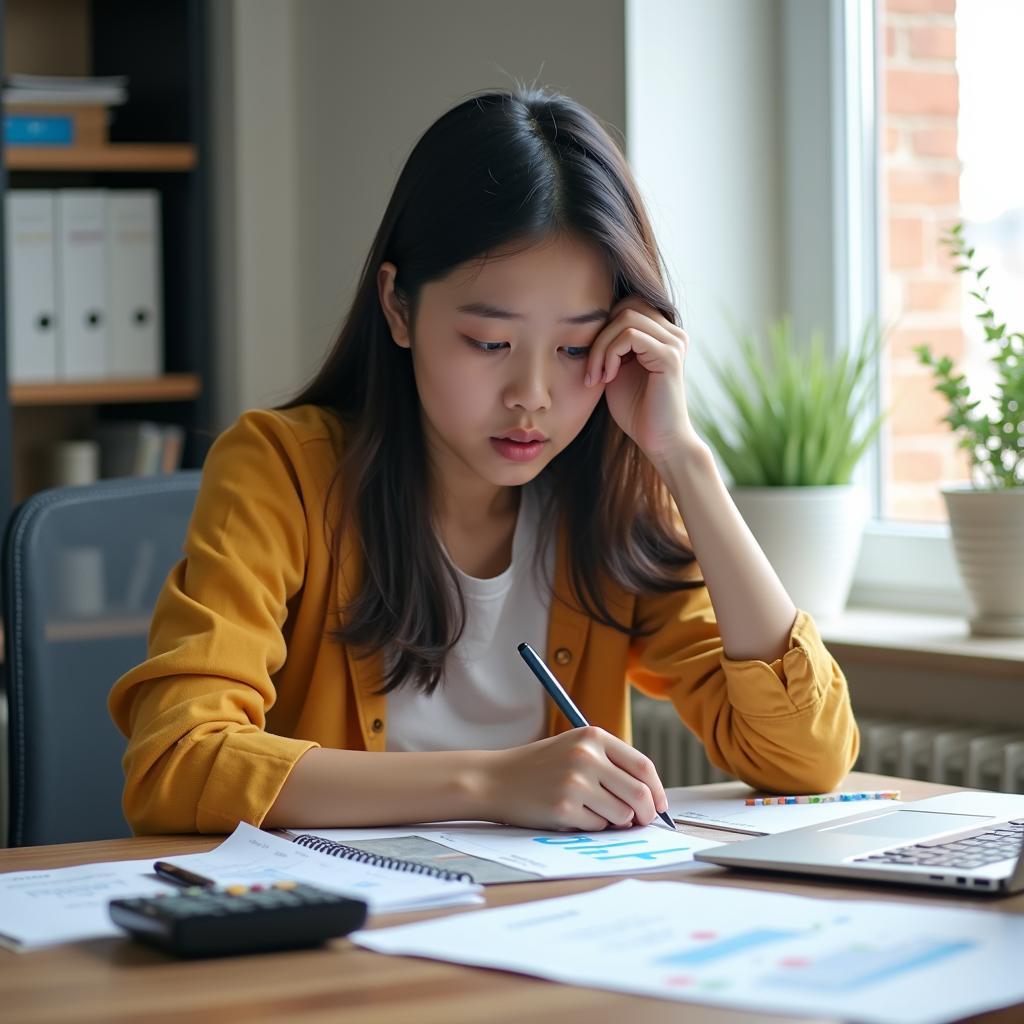 International student reviewing financial planning documents for studying abroad expenses and scholarships