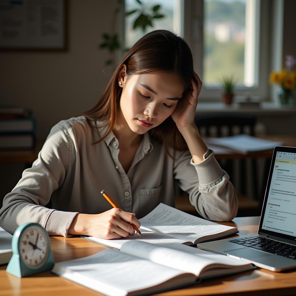 Student practicing IELTS Writing Task 2 essay about recycling programs with study materials