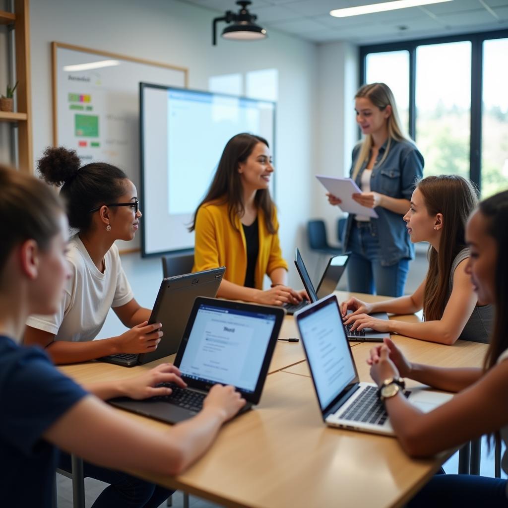 IELTS Writing Task 2 students engaging with educational technology in modern classroom setting